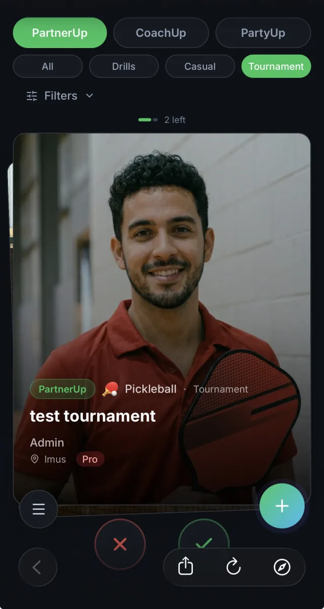 Tournament-tagged sessions in the PartnerUp feed