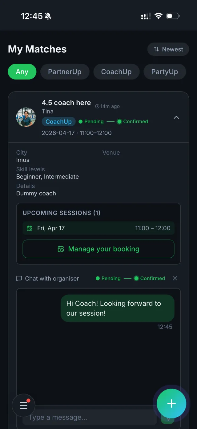 A student's coaching sessions inside PartnerUp