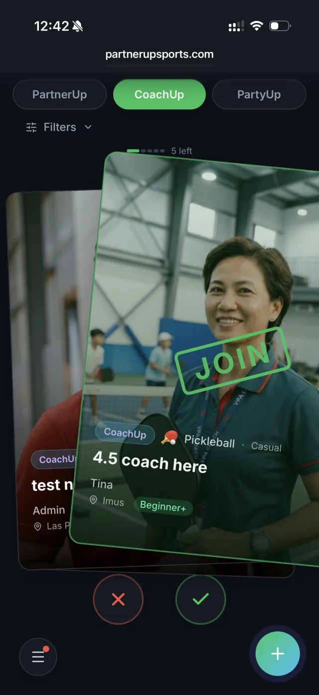 A coach surfacing in the PartnerUp discovery feed